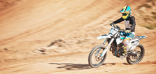 Image showing Motorbike, motorcross and speed on dunes with power, mockup and desert sports. Driver, motorcycle and travel on dirt track, sand and driving on adventure course for fast action, freedom and cycling