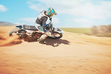 Image showing Motorcross, offroad trail and sports for freedom, action or fearless driving. Driver, cycling man and power on dirt track, motorcycle competition and motorbike performance on sand adventure course