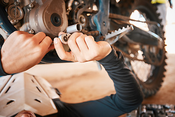 Image showing Hands, mechanic and engine gear repairs working on motor with tools for safety or mechanical parts. Hand of engineer fixing motorbike, transport or transmission on automobile or vehicle in workshop