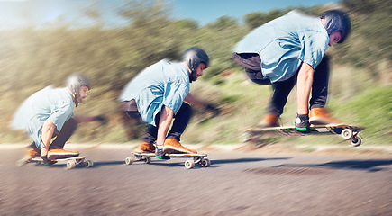 Image showing Skateboard, sports and man with speed in action on road ready for adventure, freedom and exercise on mountain. Friendship, skateboarding sequence and skater with board for motion, skating and fitness