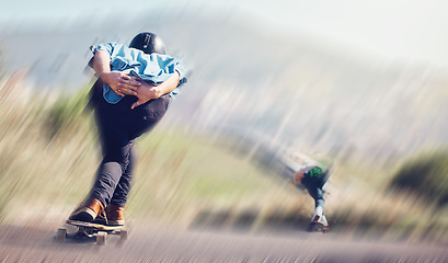 Image showing Speed, skateboard and friends in action on road ready for adventure, freedom and extreme sports motion blur. Training, skateboarding and skaters with longboard for exercise, skating and fitness hobby