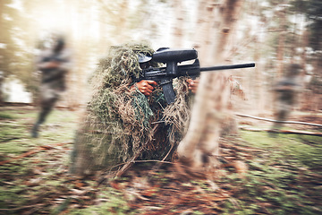 Image showing Paintball gun, woods and man with aim by trees for outdoor war game, shooting strategy or spy in natural camouflage. Shooter, sniper or running for safety with eyes on target in military battle games