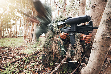 Image showing Paintball gun, forrest men and aim by trees for outdoor war game, strategy or teamwork in natural camouflage. Shooter, sniper and helmet for safety with eyes on target, shooting or military exercise