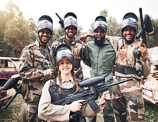 Image showing Diversity, portrait and military group with paintball gun for training, fun or extreme sports, happy and excited. Army, people and sport team smile, bond and ready for target practice, game or cardio