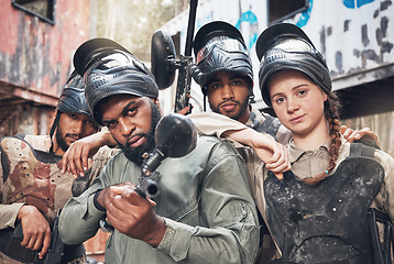 Image showing Paintball, diversity and portrait of military group in training, aim and extreme sports, mindset and focus. Army, people and serious sport team with gun for target, practice and challenge