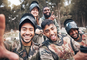 Image showing Paintball, selfie and portrait of friends relax after military, training and extreme sports, fun and happy in forest. Face, diversity and army people smile for picture after game and target practice