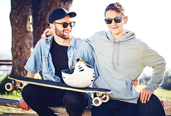 Image showing Skateboard, fashion and portrait of friends on mountain for adventure, freedom and ready for skateboarding. Urban style, fitness and skaters with longboard for exercise, skating and training outdoors