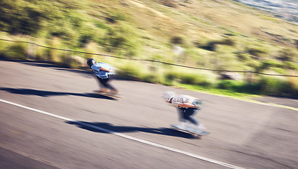 Image showing Fast skateboard, road and people on mountain training, competition or crazy adventure in sports challenge. Speed, motion and moving of skater team on street for youth learning, balance and energy