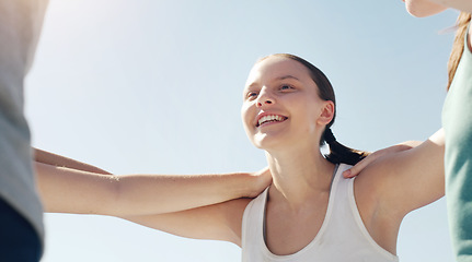 Image showing Face, huddle or teamwork with a sports woman and friends standing in a circle together before a game. Fitness, exercise and training with a female team getting ready for a competitive event outside