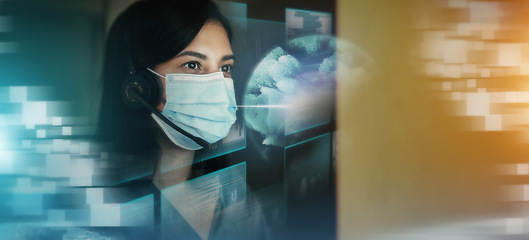 Image showing Creative businesswoman, hologram and digital marketing with mask at night in double exposure. Female employee working with big data, research or networking for future innovation in online startup