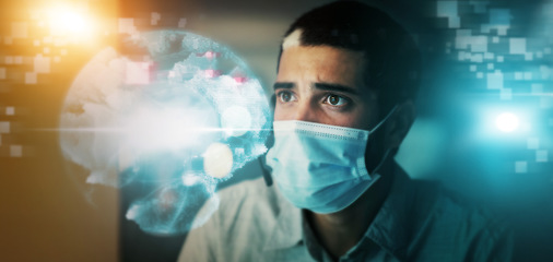 Image showing Futuristic medical healthcare, hologram and digital transformation with mask at night for science in double exposure. Male employee working with big data, research or businessman for startup