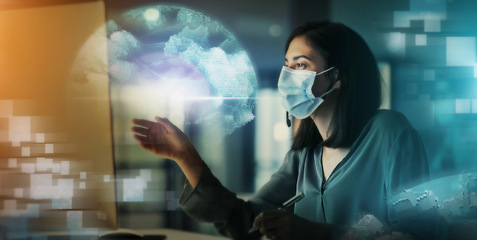 Image showing Businesswoman, hologram and digital transformation with mask in medical healthcare at night in double exposure. Female employee working with big data, research or science innovation for breakthrough