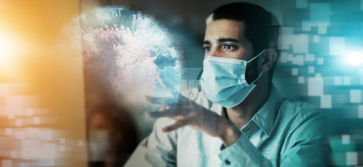 Image showing Businessman, hologram and digital transformation with mask at night for research in medical healthcare. Male working on computer technology in big data, analytics for future innovation online