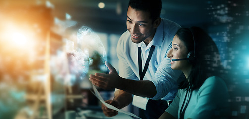 Image showing Digital marketing, team and telemarketing in call center for future networking at night in double exposure. Business people or consultants smiling for big data, innovation or global communication