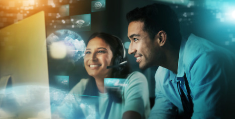 Image showing Futuristic business people, call center and hologram in digital marketing, networking or desktop support in double exposure. Happy consultants smile for big data or global communication on overlay