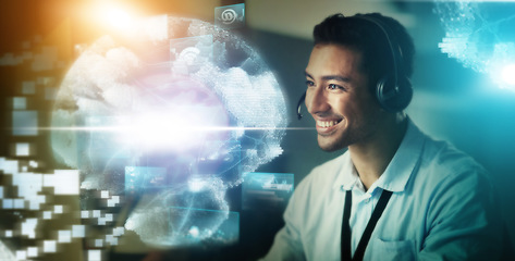 Image showing Call center, digital hologram and man in happy communication, telemarketing and global networking sales. Virtual consultant, agent or telecom person with futuristic overlay and business consulting