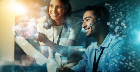 Image showing Futuristic business people, call center and global communication in strategy for it support at night in double exposure. Happy consultants smile for big data, innovation or online assistance