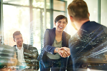 Image showing Staff overlay and woman with handshake, partnership and collaboration for brand development, teamwork and hiring. Team, employees and new recruit for company growth, collaboration and project success