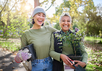 Image showing Portrait, flowers and women volunteering in park for community, outreach or programme together. Environment, charity and friends volunteer in forest for gardening project, happy and smile in nature