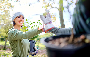 Image showing High five, gardening and team on a farm or park and celebrating plant growth for sustainability in the environment. Volunteer, woman and people excited for community service and teamwork in a garden