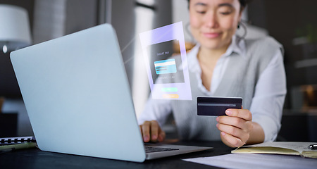 Image showing Laptop, hologram and woman with credit card for online shopping, banking or smart payment. 3d fintech, ecommerce and futuristic computer ui with Asian female buying or paying bills in home at night.