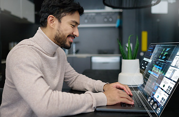 Image showing Laptop, finance and remote work with a business man in his home office working as a freelancer online. Analytics, information or accounting with a male financial employee reading graphs on a computer