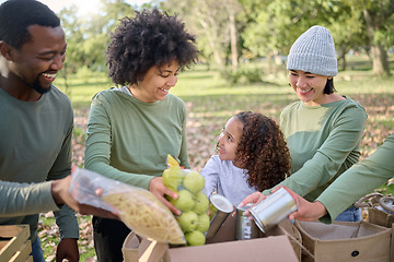 Image showing Food donation, volunteering and people with child for sustainability, poverty help and community service in park. Support, teamwork and fruits, vegetable and box for homeless, charity or society care