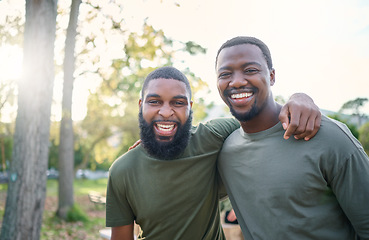 Image showing Black men, friends and happy face portrait of volunteer people outdoor at a nature park in summer. People together for community service in a green ngo tshirt for recycling and a clean enviroment