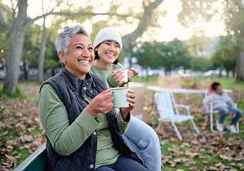 Image showing Break, coffee and volunteer relax during community, cleanup and project in a park, happy and bonding. Charity, environment and recycling friends resting in a forest with tea, cheerful and content