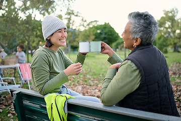 Image showing Coffee, women and toast to volunteer success, community service and cleanup park project, happy and smile. Tea, cheers and friends relax in environment, recycling and charity and forest cleaning