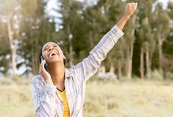 Image showing Outdoor, phone call and black woman excited, achievement and happiness with connection, communication and talking. Nature, African American female and lady in forest, cellphone or smile for good news