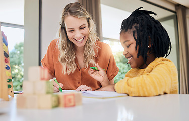 Image showing Education, learning and woman help girl with homework, school and teaching with growth and development in family home. Mother, child and student with math, happy to learn with notebook and childhood