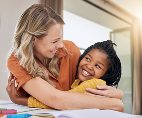 Image showing Love, adoption and mother hug girl, happiness and bonding in lounge, celebrate homework completed and loving together. Adopted, black female child and mama embrace, achievement and kid with smile