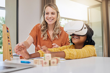 Image showing VR, education and mother with child for teaching, metaverse studying and 3d homework. Creative, innovation and interracial mother helping an African girl with technology for knowledge together