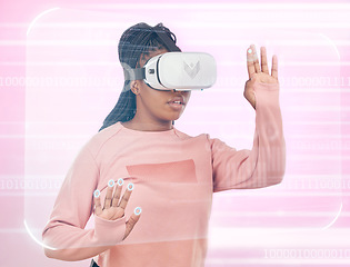 Image showing Digital, gaming and vr with black woman and 3d hologram for future, cyber or metaverse. Media, ui and technology with gamer for ux interface, innovation or augmented reality in pink studio background