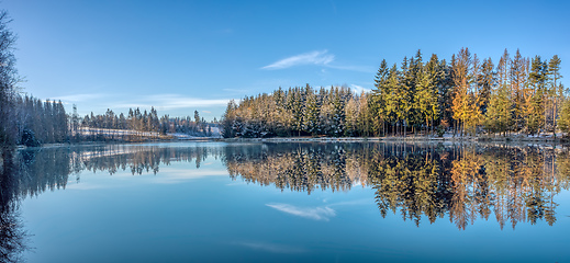 Image showing Beautiful Reflections of trees covered by snow in Lake