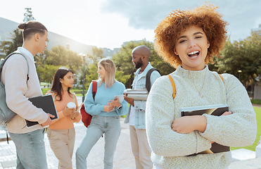 Image showing University, campus and black woman portrait with students group, learning community and education planning. Happy friends, gen z person or diversity youth with scholarship, teamwork and study mission