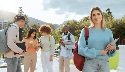 Image showing Campus, university and woman portrait in study group, learning community and happy education goals. Young gen z person, social students or youth smile for scholarship, philosophy or history planning