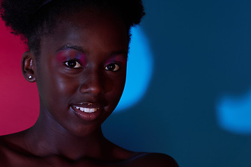 Image showing Beauty, makeup and portrait of black woman in studio with smile for designer cosmetics, luxury products and style. Neon aesthetic, creative art and face of girl with fashion, skin glow and wellness