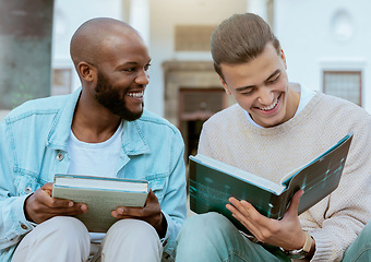 Image showing University student books, learning and laughing with studying and education textbook on steps. Outdoor, friends and diversity of men in a conversation with a funny joke and books for study knowledge