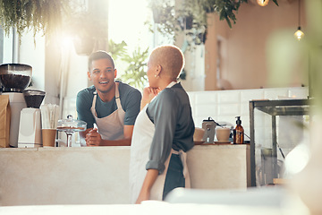 Image showing Coffee shop, barista and team with small business and entrepreneur, employees chat while working and server. Entrepreneurship, food industry and team with communication, man and woman talking in cafe