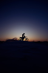 Image showing Night, sky and silhouette, person and motorcycle riding in nature, extreme sports on mockup background. Biking, motorbike and person driving on dirt road, dark and shadow, stunt or adventure, freedom