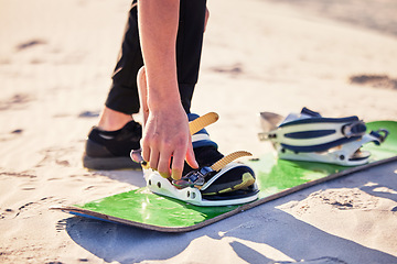 Image showing Sand, adventure and feet of man with board for desert surfing, extreme sports and action hobby in nature. Freedom, holiday travel and athlete outdoors for fitness, exercise and dune surfer training