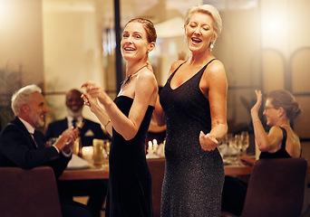 Image showing Dance, singing and portrait of women at an event for new years, birthday celebration or party. Smile, happy and mature, elegant and classy friends at a social gala for dancing and to sing at a venue