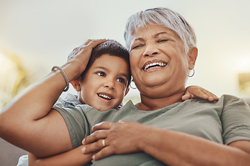 Image showing Laugh, grandmother and grandchild on a sofa, smile and happy, love and family while bonding in their home. Relax, grandma and child embrace, funny and joke on a couch, loving and sweet in living room