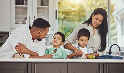 Image showing Cooking, food and learning with family in kitchen for food, happiness and support. Help, nutrition and health with parents teaching children with salad for lunch for wellness, bonding and vegetables