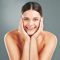 Image showing Skincare, beauty and smile portrait of woman on gray background for cosmetics, facial treatment and spa. Wellness, dermatology and face of girl with glowing, healthy skin and self care in studio