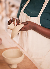 Image showing Art, pottery and black woman hands in creative workshop with ceramics, sculpting and creativity with clay pot zoom. Artist, handmade craft and manufacturing, artistic process with texture and skill