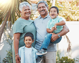 Image showing Grandparents, children portrait and garden outdoor with love, care and kid support. Smile, happy and Mexican family together with retirement and senior people in sunshine in park with kids in nature