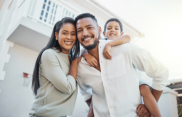 Image showing Mother, father and child with smile for new home, property or real estate family time outside the house. Portrait of happy mom, dad and son on piggyback smiling in happiness for apartment building